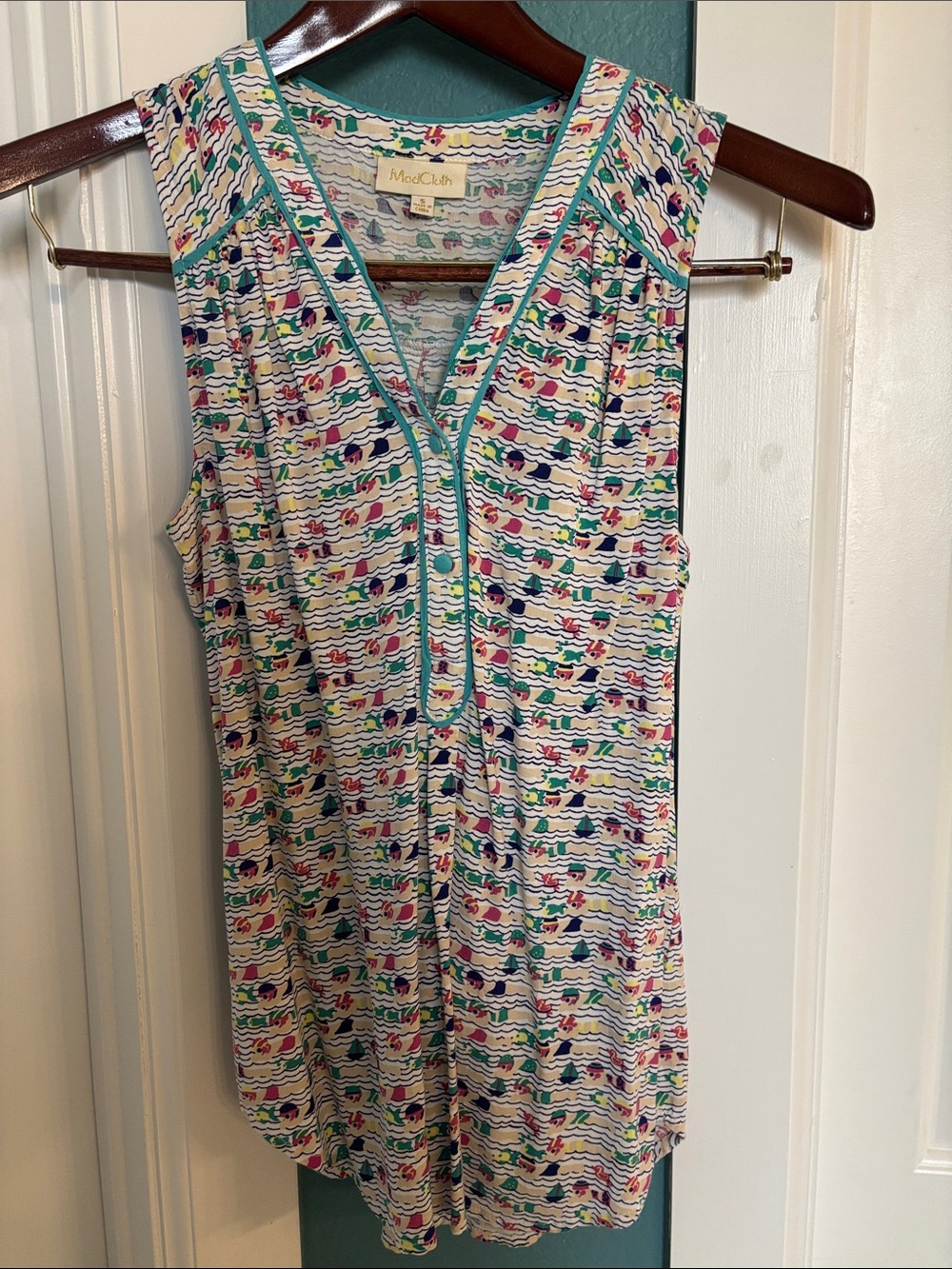 ModCloth Ivory Multicolor Wave Print Sleeveless V-Neck Top